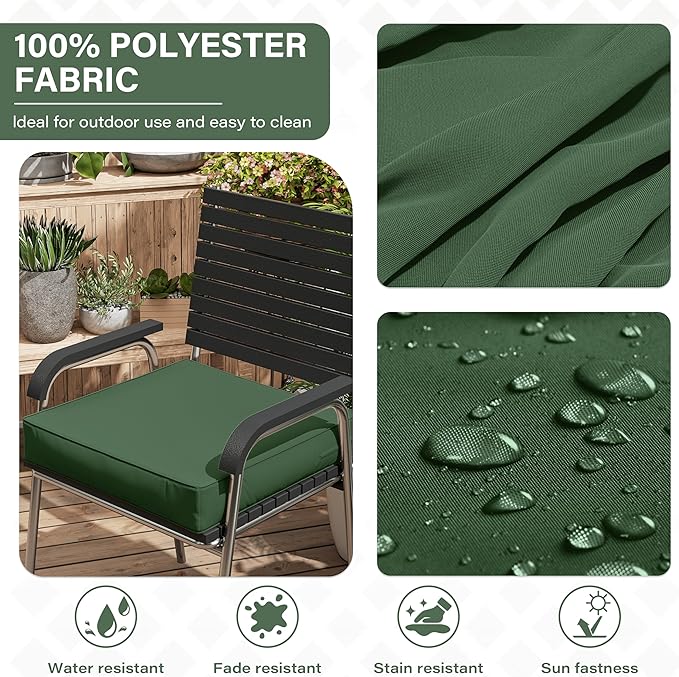 Patio Chair Cushions 19 X 19 X 4 Inch Waterproof Outdoor Seat Cushions for Patio Furniture, Outdoor Sofa Couch Pads with Ties & Handle, Set of 2, Green-VerdiqueGarden