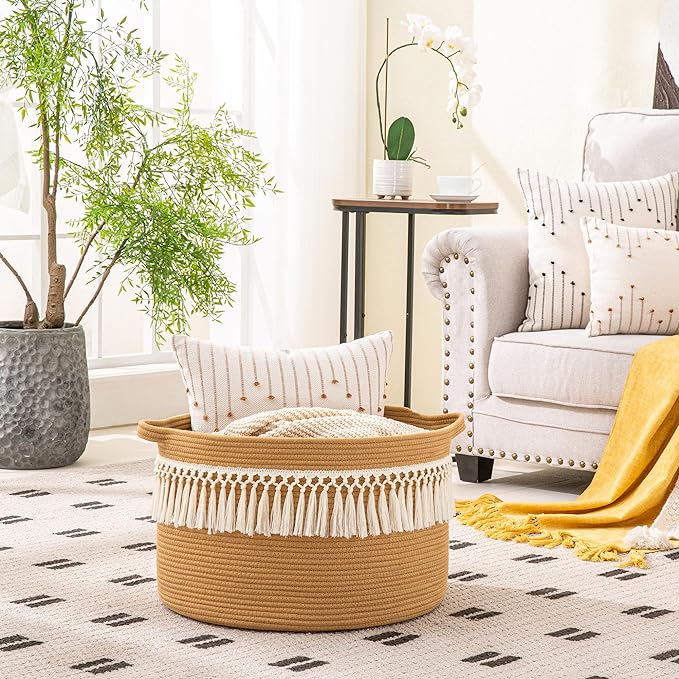 KAKAMAY Large Blanket Basket (20"x13"),Woven Baskets for storage Baby Laundry Hamper, Cotton Rope Blanket Basket for Living Room, Laundry, Nursery, Pillows, Baby Toy chest (Brown Fringe)-VerdiqueGarden
