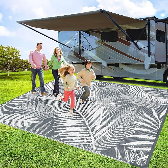 HiiARug Outdoor Reversible Plastic Straw Rug, 9'x12', Cool Gray, Large Patio Mat for RV, Backyard, Deck, Picnic, Beach, Trailer, Camping-VerdiqueGarden