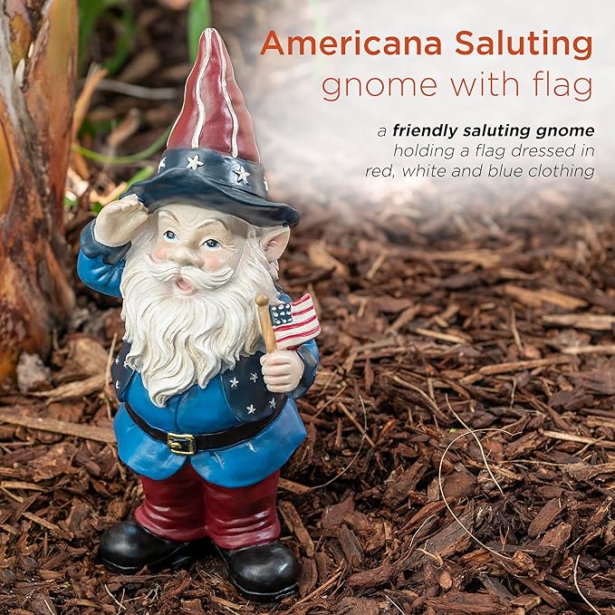 Alpine Corporation 12" Tall Outdoor Patriotic Garden Gnome Saluting Yard Statue Decoration-VerdiqueGarden
