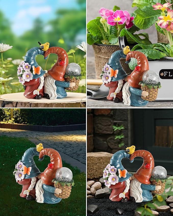 iStatue Solar-Powered 8.3'' Spring Summer Kissing Gnomes Decorations for Home & Garden - Decorative Outdoor Lawn Ornaments and Statues Clearance (Loved Gnomes)-VerdiqueGarden