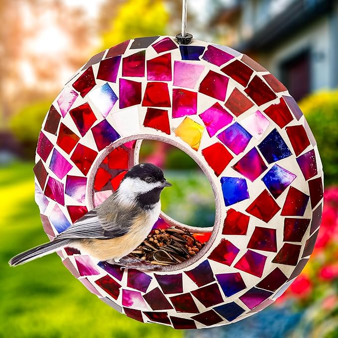 Sunnydaze 6-Inch Glass Mosaic Hanging Bird Feeder for Outdoors - Fly-Through Wild Bird Feeder - Crimson Mosaic-VerdiqueGarden