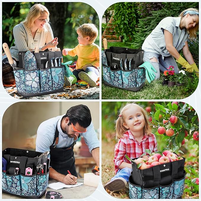 WORKPRO Garden Tool Bag, 9 Pockets Gardening Bag, Heavy Duty Oxford Garden Tote Caddy (Tools NOT Included), 12" x 12" x 6" (Floral Blue)-VerdiqueGarden