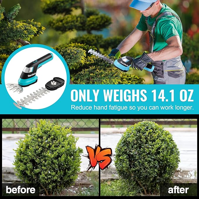DURATECH Cordless Hedge Trimmer, 7.2V 2-in-1 Handheld Rechargeable Grass Trimmer & Hedge Shears with USB Type-C Cable, Built-in Li-ion Battery, Electric Shrub & Grass Shears for Garden, Yard and Lawn-VerdiqueGarden