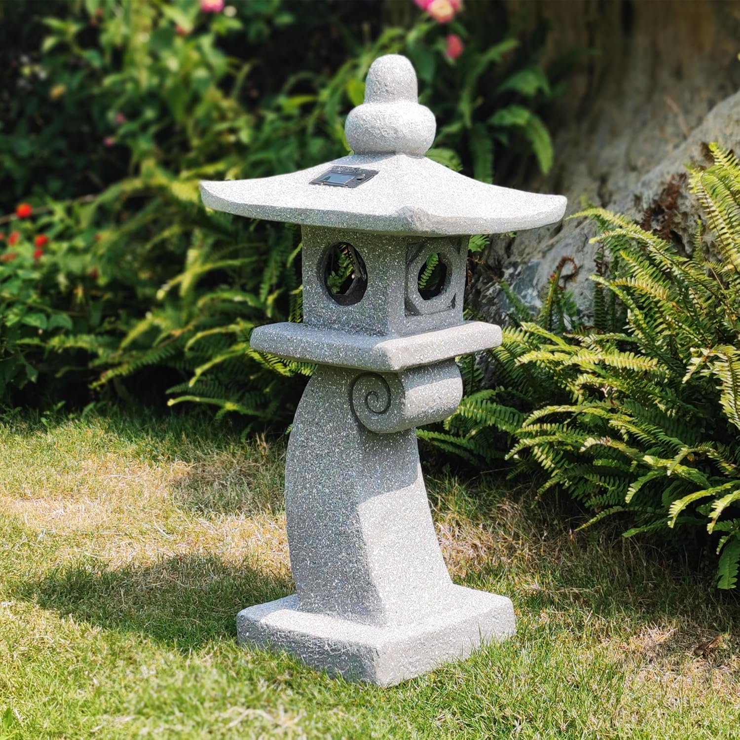 ZOEJADE 28" H Large Solar Zen Asian Pagoda Lantern Garden Outdoor Statue Japanese Palace Lantern with Solar Light for Lawn Yard Pond Patio Temple Court Decor Meditator Stylite Garden Figurines-VerdiqueGarden