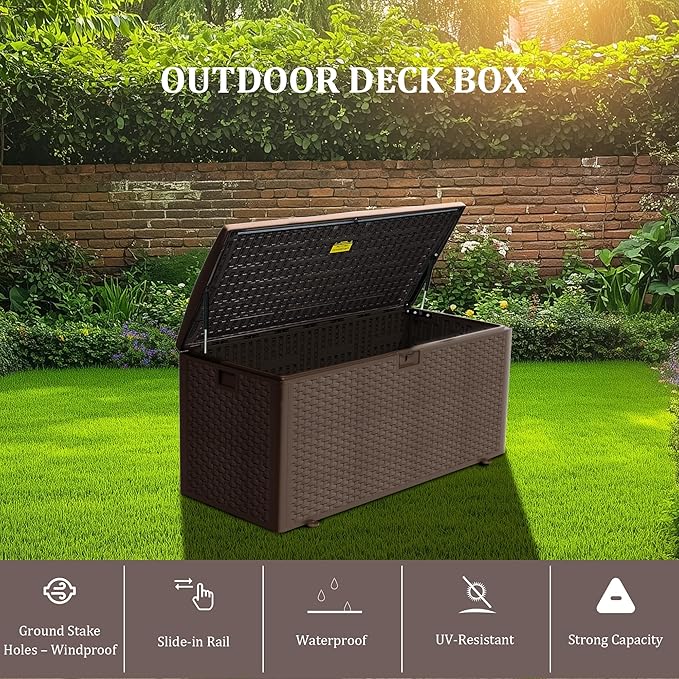 Premium Pro Edition 180 Gallon Lockable Resin Deck Box, Waterproof & UV-Resistant Outdoor Storage Box for Outdoor Cushion Storage, Garden Tools & Pool Accessories Storage, Brown-VerdiqueGarden