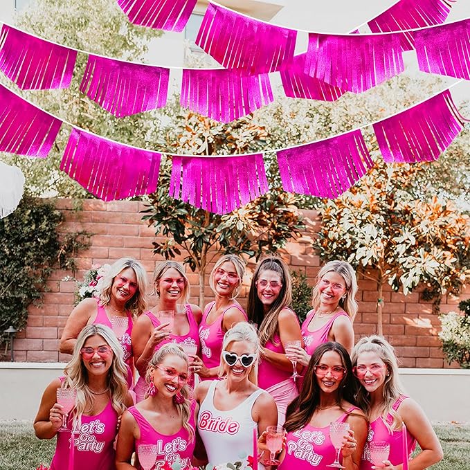 Hot pink Tassel Banner Double Sided Metallic Fabric Pennant Bunting Flag Garland for Birthday Bachelorette Anniversary Engagement Wedding Bridal Shower Graduation Pink Girl Party Decorations Supplies-VerdiqueGarden