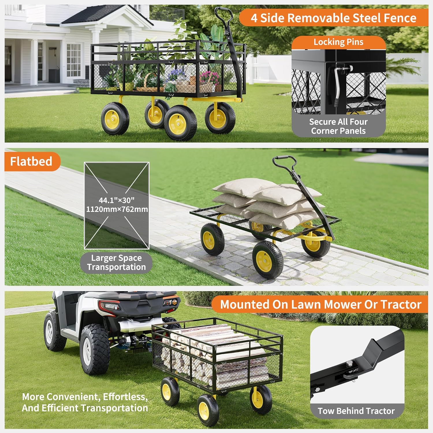 3-in-1 Heavy-Duty Steel Garden Cart, 1400 Lbs Garden Wagon, with 13 Inch All-Terrain Tires and Removable Mesh Side Panels, 180° Rotating Handle, Metal Utility Yard Trailer, Outdoor Gardens Wagon Cart-VerdiqueGarden