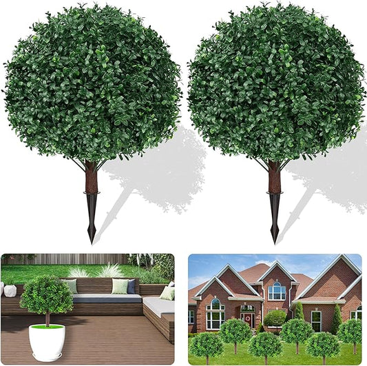 Artificial Boxwood Topiary Ball Trees, Set of 2 Artificial Boxwood Ball Bush Artificial Shrub Bushes UV Resistance Rated with Spike Fake Outdoor Plant for Front Door Decor, Home Decor, Garden-VerdiqueGarden