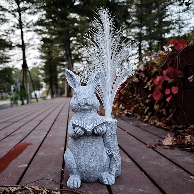 Rabbit Solar Garden Statues,Resin Rabbit Figurine Reading a Book and 7-Color Changing Optical Fiber with Solar Lights, Lawn Decor Outdoor Statue for Patio,Balcony,Yard,Lawn Ornament-VerdiqueGarden