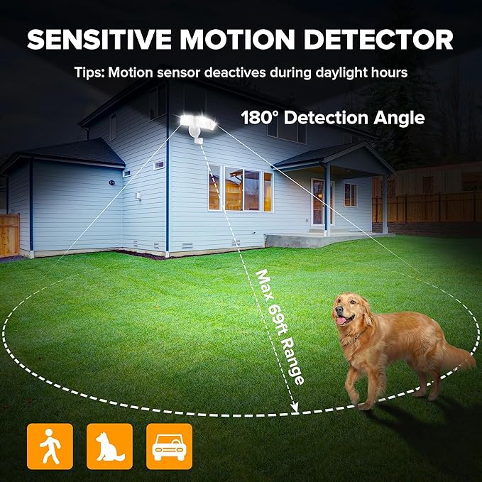 UME 2 Pack 5500LM LED Security Lights Motion Sensor Light Outdoor, 49W, 5000K Daylight, IP65 Waterproof, Dusk to Dawn, 3 Head Motion Detected Flood Light for Garage, Yard, Porch (White)-VerdiqueGarden