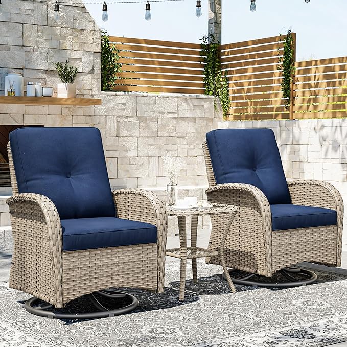 Joyside Outdoor Swivel Rocker Chairs, 3 Piece Wicker Patio Set with Thick Cushion and Side Table, Rattan Patio Swivel Rocking Chairs for Porch, Deck Use (Natural/Blue, 3 PCS)-VerdiqueGarden