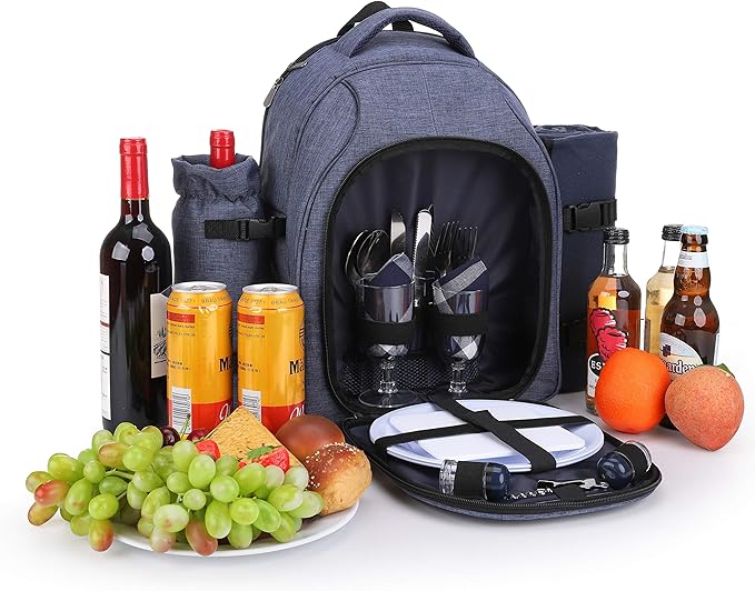 Apollo Walker Picnic Backpack Bag for 2 Person with Cooler Compartment, Detachable Bottle/Wine Holder, Fleece Blanket, Plates and Cutlery Set (2 Person, Navy)-VerdiqueGarden