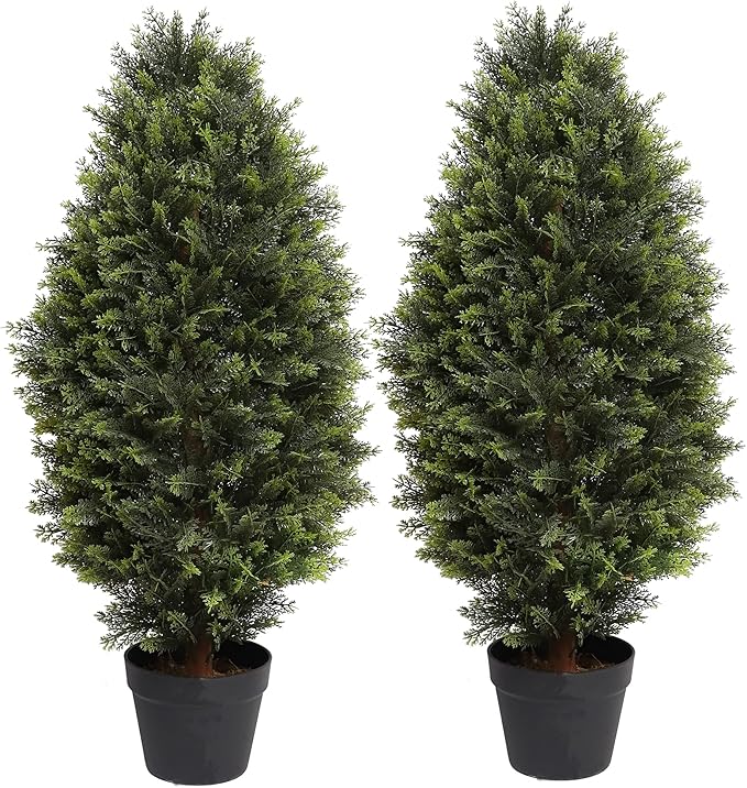 3FT Artificial Cedar Topiary Trees, Fake Cypress Trees Faux Pine Shrubs Plants, Evergreen Plants for Home Porch Decor Set of 2-VerdiqueGarden
