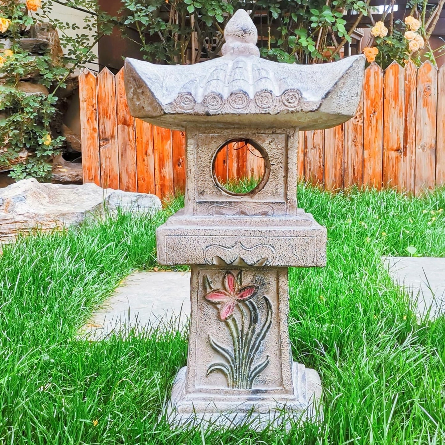 23.6’’High Asian Orchid Pagoda Statue Solar-Powered LED Light Miniature Tower Lantern Garden Decoration Figurines Solar Lamp Outdoor Japanese Decoration Zen Courtyard Landscape-VerdiqueGarden