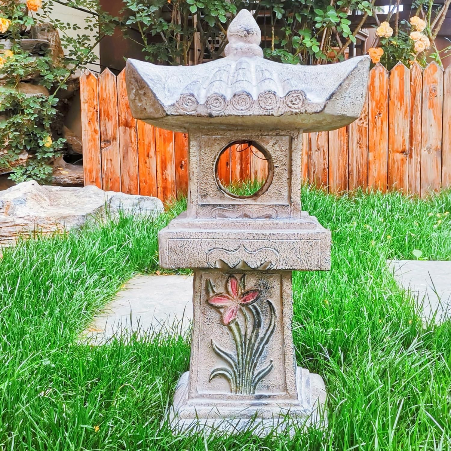 23.6’’High Asian Orchid Pagoda Statue Solar-Powered LED Light Miniature Tower Lantern Garden Decoration Figurines Solar Lamp Outdoor Japanese Decoration Zen Courtyard Landscape-VerdiqueGarden