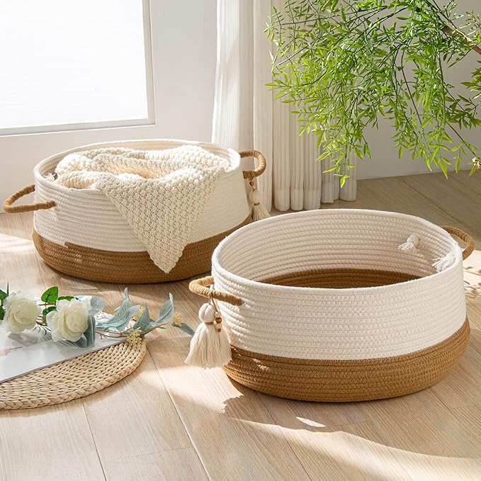 KAKAMAY Woven Baskets for Storage(16"x8"),Blanket Basket for Organizing Living Room,Cotton Rope Basket Woven Baby Laundry Hamper,Collapsible Laundry Room Organization,Clothes,Toy Chest(Brown)-VerdiqueGarden