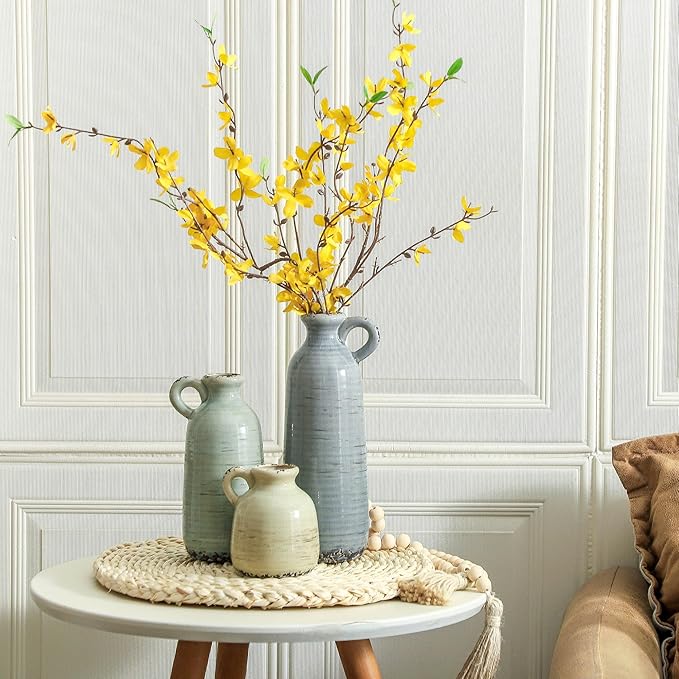Ceramic Vase Set of 3 | Neutral Vase Home Decor with Handle | Pottery Modern Farmhouse Vases Pampas Grass Flower Vases for Home Decor Table Living Room Centerpieces Mantel Decor - Multicolor-VerdiqueGarden
