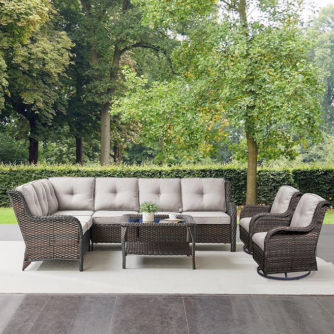 Outdoor Furniture Sectional Sofa L Shaped Couch - Patio Wicker Set with Coffee Table, 3 Piece Rattan Patio Conversation Sets with Beige Cushion for Deck Backyard Sunroom-VerdiqueGarden