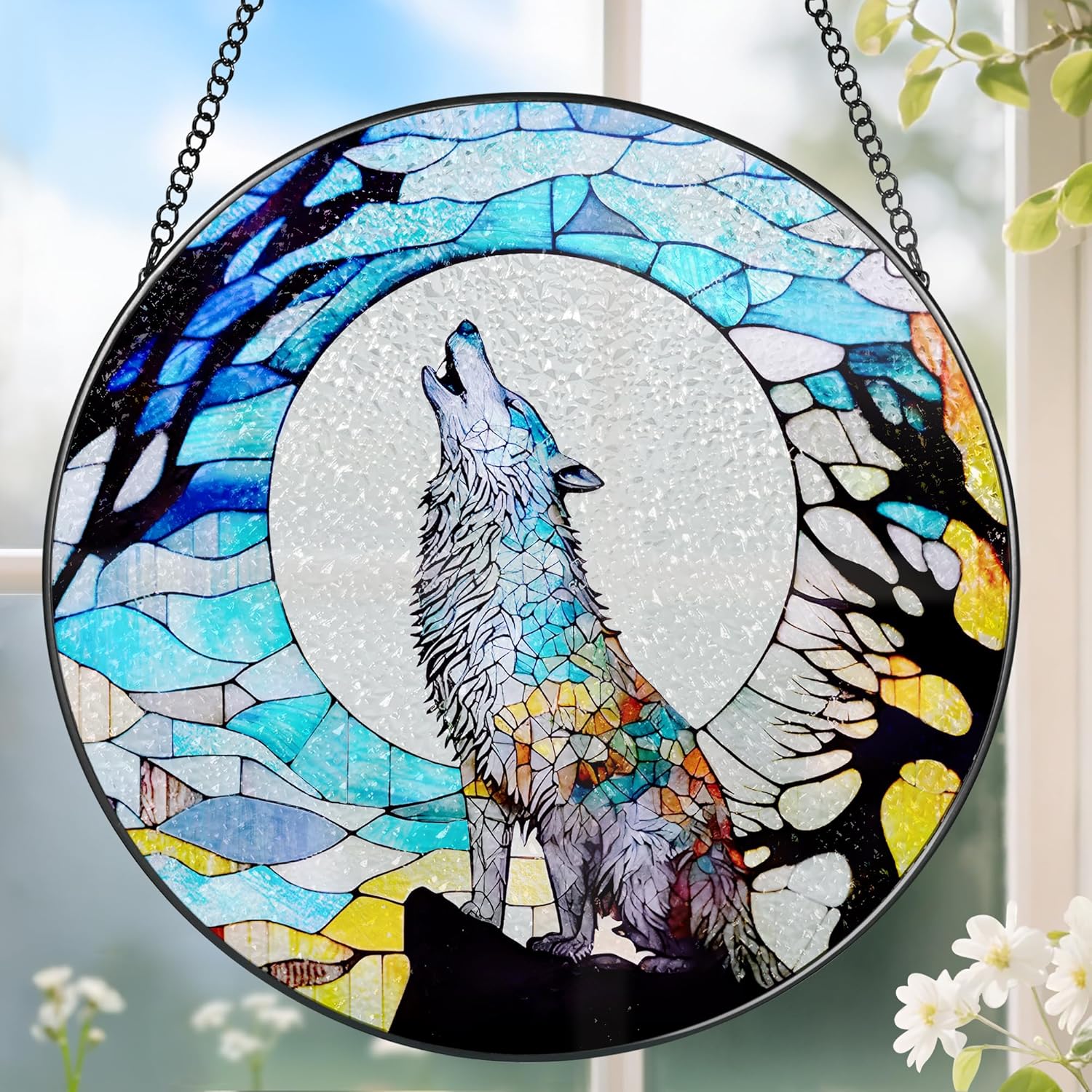 Stained Glass Window Hanging, Stained Glass Suncatcher, Wolf Sun Catcher, Window Decor, Wolf Lover Gift, Gifts for Fathers Day, Christmas or Birthday Gift, Gifts for Men Him Dad Grandfather Son-VerdiqueGarden