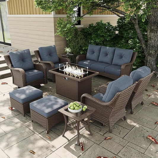 10 Pieces Outdoor Patio Furniture Sets with Rocking Swivel Chairs with 6-inch Thick Cushion and Fire Pit Table for Deck Lawn-VerdiqueGarden