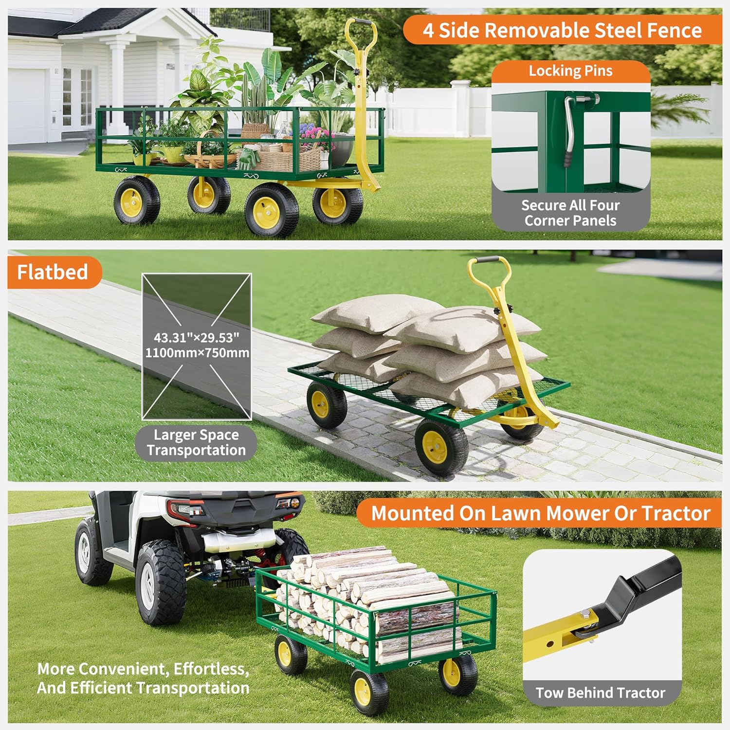 3-in-1 Heavy-Duty Steel Garden Cart, 1200 Lbs Garden Wagon, with 13 Inch All-Terrain Tires and Removable Mesh Side Panels, 180° Rotating Handle, Metal Multi-Function Carts, Outdoor Gardens Wagon Cart-VerdiqueGarden