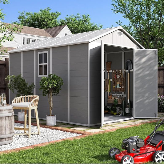 UDPATIO Outdoor Storage Shed 7.5x10.7 FT, Grey & White Resin & Steel Shed with Lockable Door for Backyard, Patio, Lawn-VerdiqueGarden