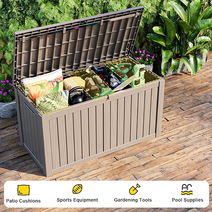 DRATO 150 Gallon Outdoor Storage Box, Large Waterproof Deck Box, Lockable Resin Storage Container with Reinforced Support for Patio Cushions, Garden Tools, UV-Resistant Outdoor Chest-VerdiqueGarden