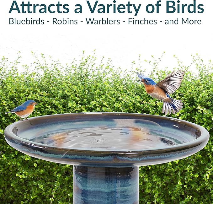 Sunnydaze 21" H Ceramic Bird Bath for Outside - Hand-Painted Outdoor Bird Bath Bowl, UV/Frost-Resistant Finish - Galaxy Blue - Classic Pedestal-VerdiqueGarden