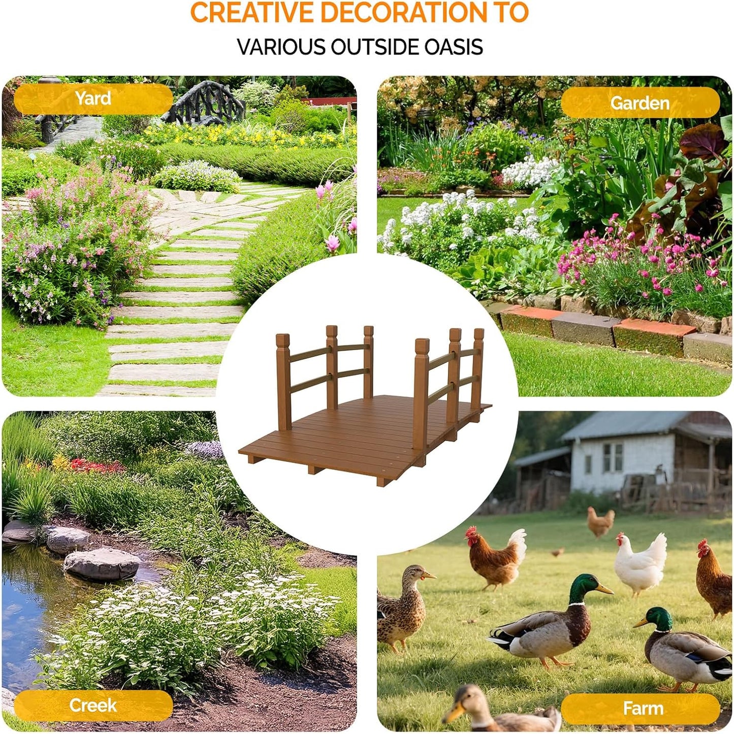 VINGLI Garden Bridge, Classic Wooden Arch with Safety Rails Footbridge (Brown, 5 ft)-VerdiqueGarden