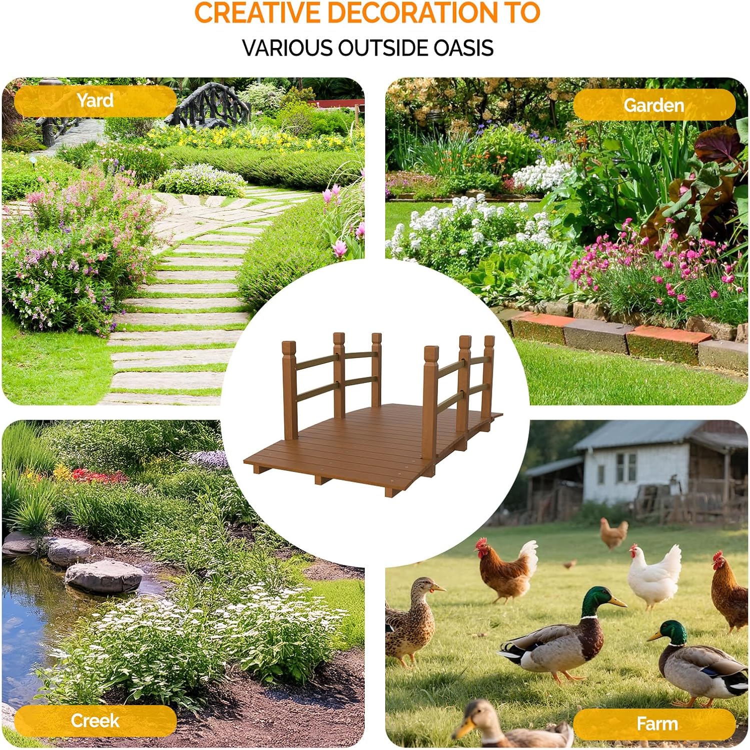 VINGLI Garden Bridge, Classic Wooden Arch with Safety Rails Footbridge (Brown, 5 ft)-VerdiqueGarden