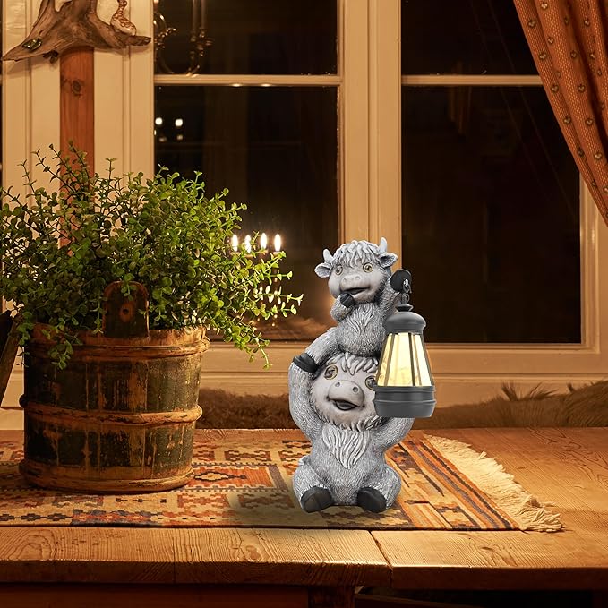 Highland Cow Statues with Solar Lights, Highland Cow Resin Figurine Lights, Highland Cow Ornaments for Patio, Balcony, Indoor Decoration and as Gifts-VerdiqueGarden