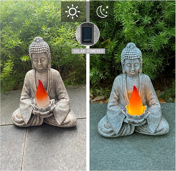 Buddha Statue for Home and Outdoor Decor Solar Powered Flickering LED,Garden Light Zen Meditation Spiritual Room Decor- Buddha Decor Outdoor-Ideas Gifts for Women, Mom-VerdiqueGarden