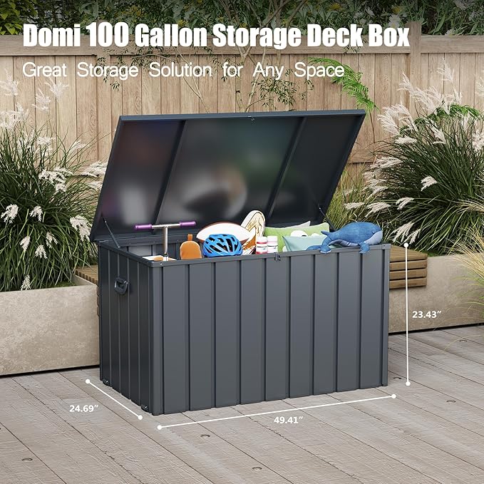 Domi Outdoor Storage Deck Box 100 Gallon, Outdoor Deck Box with Waterproof Storage Bag for Outside Cushions, Garden Tools and Pools Equipment, Gray-VerdiqueGarden