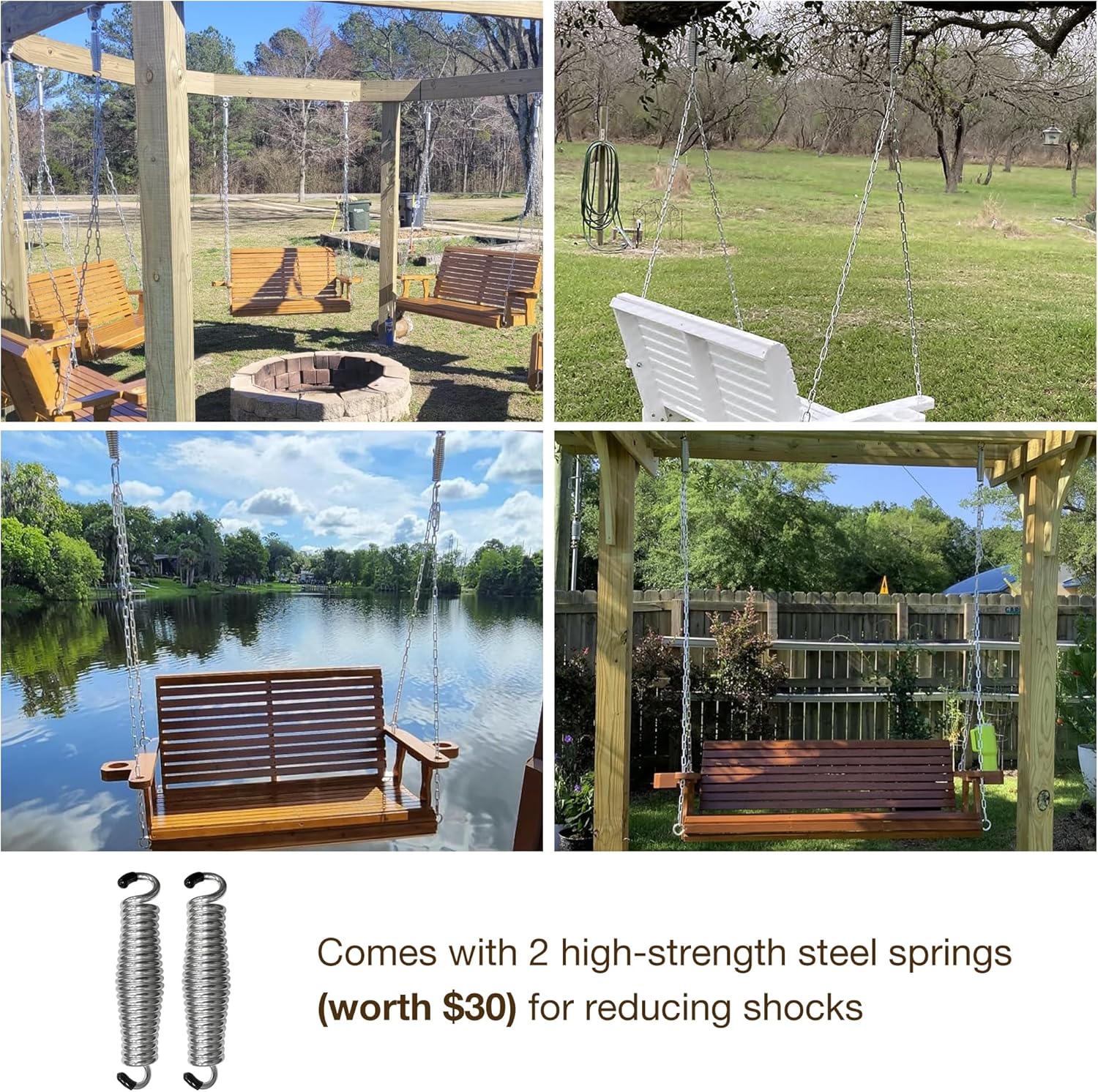 Wooden Porch Swing 2-Seater, High Backrest and Deep Seat, Bench Swing with Cupholders, Hanging Chains and 7mm Springs, Heavy Duty 880 LBS, for Outdoor Patio Garden (Deep Brown, 4.5 feet Extra-Large)-VerdiqueGarden