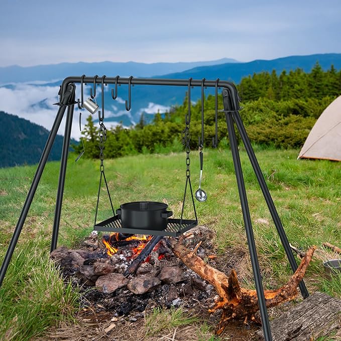 RELIANCER Grill Swing,Campfire Grill Cooking Stand w/8 Hooks & Storage Bag,Cast Iron BBQ Party Swing Grilling Cooking Rack,Outdoor Picnic Camping Cookware Hanging Rack,Collapsible Bonfire Barbecue Set-VerdiqueGarden