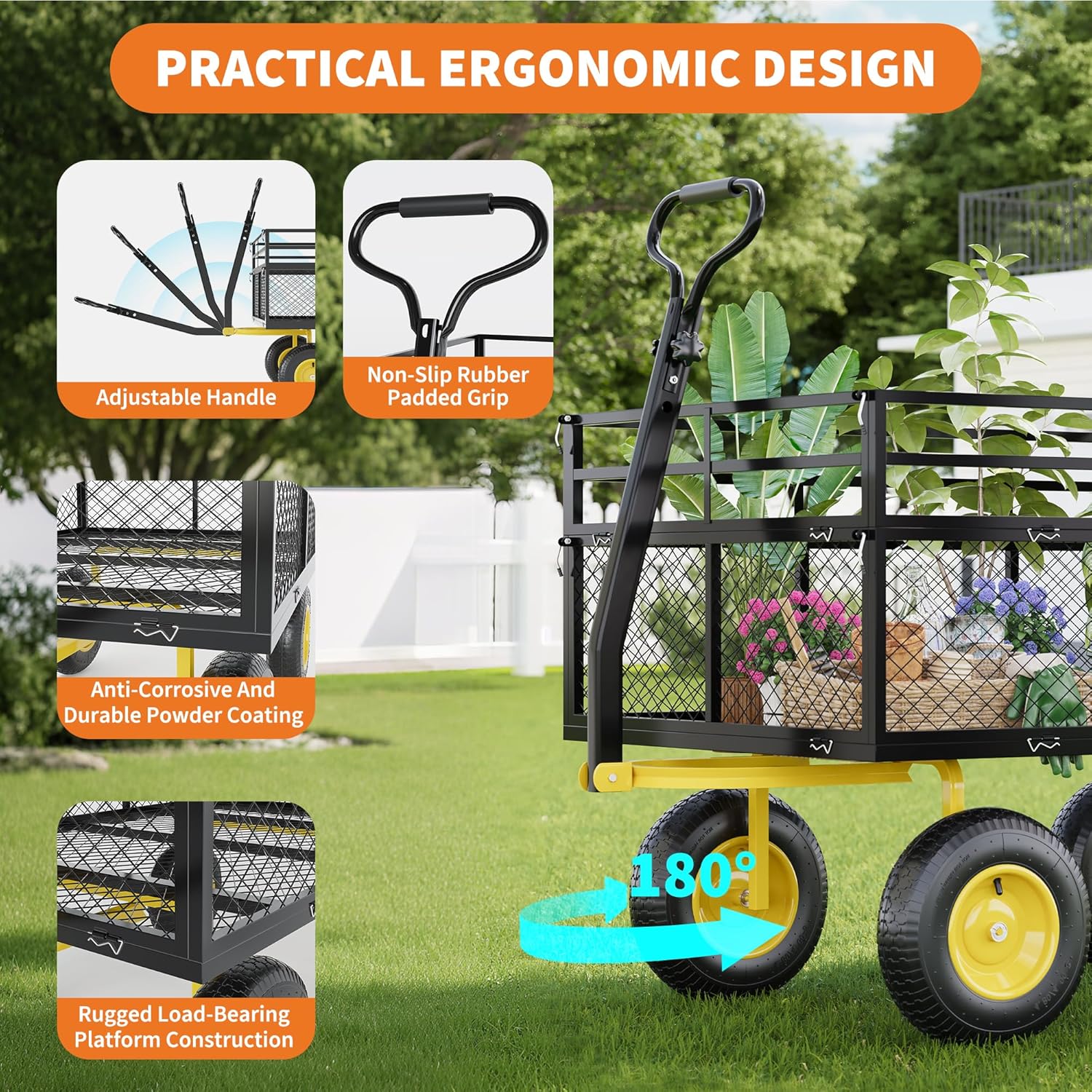 3-in-1 Heavy-Duty Steel Garden Cart, 1400 Lbs Garden Wagon, with 13 Inch All-Terrain Tires and Removable Mesh Side Panels, 180° Rotating Handle, Metal Multi-Function Carts, Outdoor Gardens Wagon Cart-VerdiqueGarden