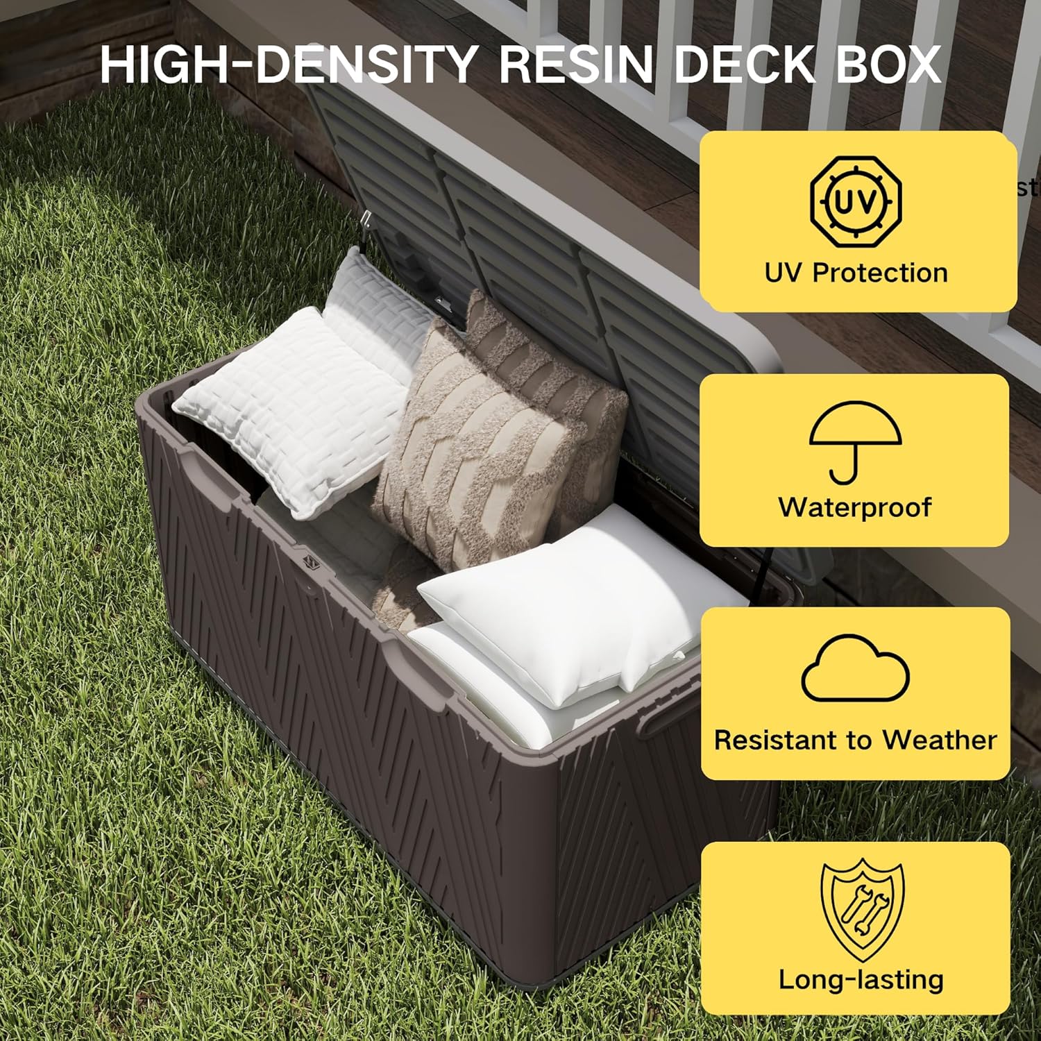 Kingdura 110 Gallon Outdoor Storage Box, Waterproof Resin Deck Box for Indoor and Outdoor Use, Lockable Storage Container for Patio Furniture Cushions Garden Tools (Coffee, 110 Gallon)-VerdiqueGarden