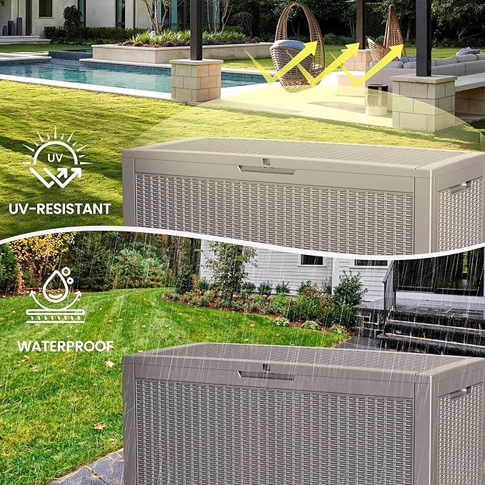 100 Gallon Storage Box, Waterproof Resin Deck Box with Hydraulic Piston Design, Lockable Storage Bench for Package Delivery, Storage Bin for Patio Cushions, Garden Tools, Grey-VerdiqueGarden