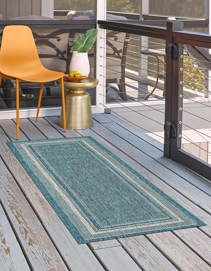 Unique Loom Outdoor Border Collection Area Rug - Soft Border (2'x 6' 1" Runner, Teal/ Ivory)-VerdiqueGarden