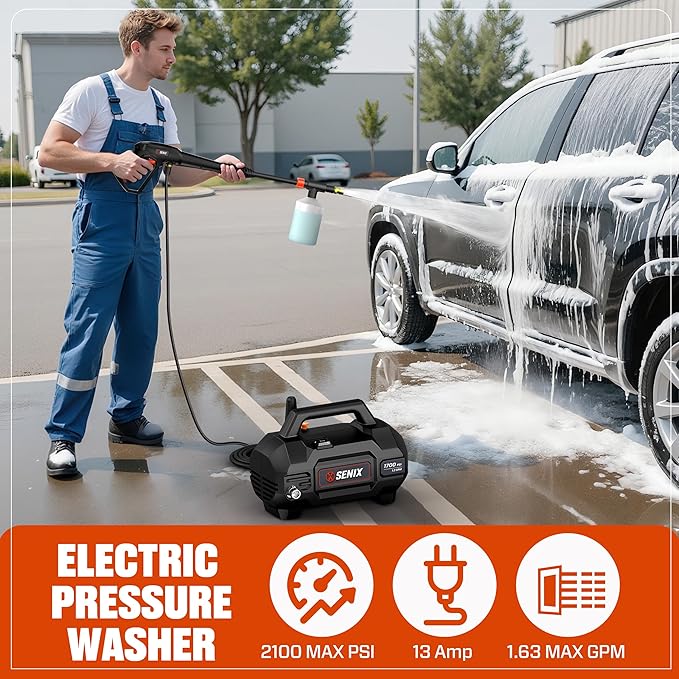 SENIX 13 Amp Electric Pressure Washer - 2100 PSI MAX, 1.2 GPM, Compact with Foam Cannon, Spray Gun, 20-ft Hose, Turbo Nozzle, and 15° Spray Nozzles - Perfect for Cars and Driveways-VerdiqueGarden