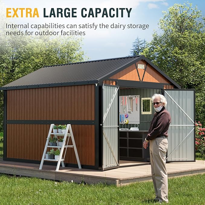 10x12 Ft Outdoor Storage Shed, Extra Large Metal Shed with Frame Floor, Lockable Doors, 2 Windows, Outside Steel Tiny House Ideal for Garden, Backyard, Patio Utility, Tool Storage-VerdiqueGarden