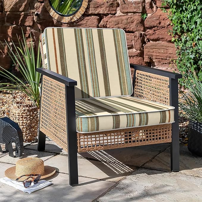 LVTXIII Patio Chair Cushions 22"x22"x3", Water-Repellent Outdoor Seat Cushions for Patio Furniture, Square Chair Pads with Ties for Home Garden Decoration, Set of 2, Stripe Onyx-VerdiqueGarden