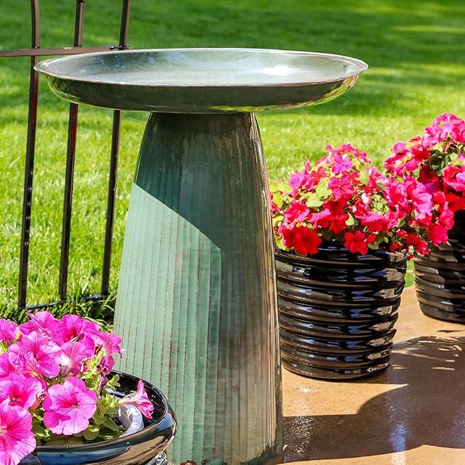 Sunnydaze Gleeful Garden Metal Bird Bath for Outdoors - Large Decorative Iron Birdbath - 23-Inch - Green Glaze-VerdiqueGarden