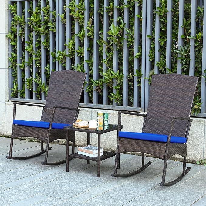 Outdoor Rocking Chairs Set - 3 High-Backed Patio Rockers with Bistro Table & Anti-Slip Cushions, Dark Blue-VerdiqueGarden