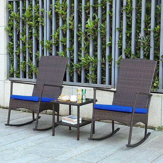 Outdoor Rocking Chairs Set - 3 High-Backed Patio Rockers with Bistro Table & Anti-Slip Cushions, Dark Blue-VerdiqueGarden