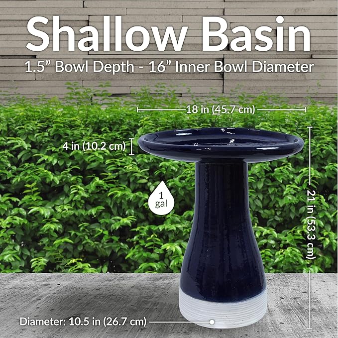 Sunnydaze 21" H Ceramic Bird Bath for Outside - Hand-Painted Outdoor Bird Bath Bowl, UV/Frost-Resistant Finish - Midnight Blue - Ribbed Pedestal-VerdiqueGarden