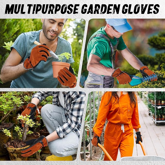HLDD HANDLANDY Leather Work Gloves for Men & Women, Adjustable Wrist Cowhide Gardening Glove with Reinforced Palm for Driver-VerdiqueGarden