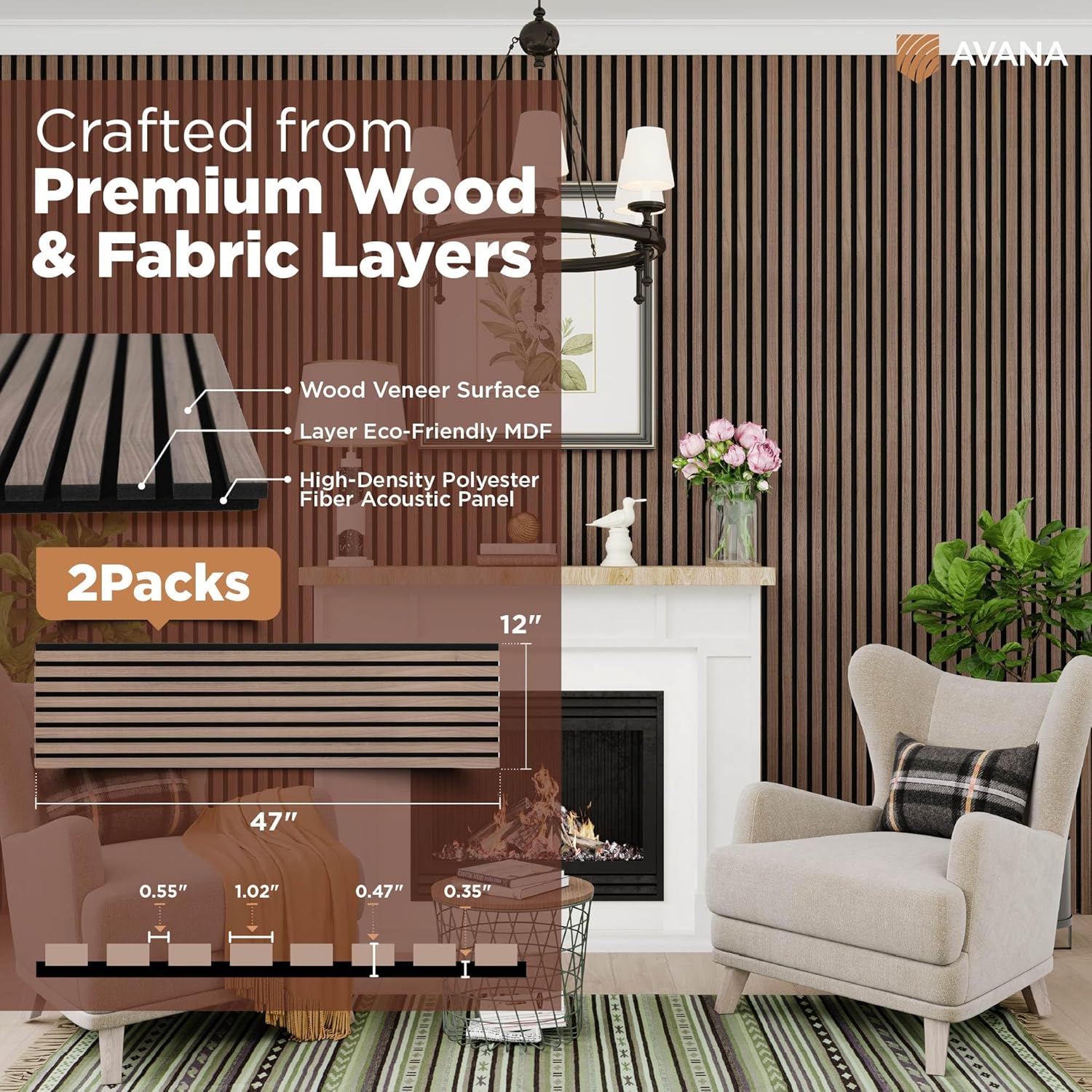 Avana Acoustic Wood Wall Panels – 47.2 X 12.6 Inch Walnut Acoustic Panels 2 PCs – Wall Panels For Interior Wall Decor for Homes, Offices, Studios – Modern Sturdy And Durable Wood Panels For Wall-VerdiqueGarden
