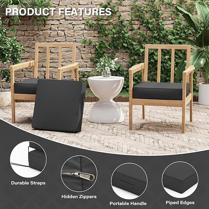 Patio Chair Cushions 19 X 19 X 4 Inch Waterproof Outdoor Seat Cushions for Patio Furniture, Outdoor Sofa Couch Pads with Ties & Handle, Set of 2, Grey-VerdiqueGarden
